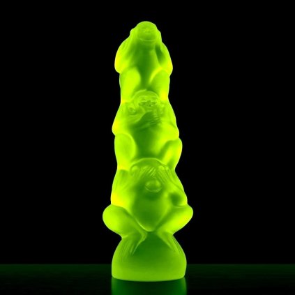 Art Deco uranium glass three monkeys figurine by H. Hoffmann with strong UV glow