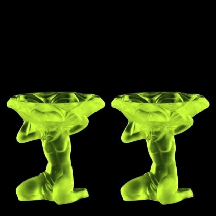 Set of 2 uranium vaseline glass Art Deco small figural bowls with kneeling nude lady, Lalique-style modeling, strong UV glow — artdeco1930.com