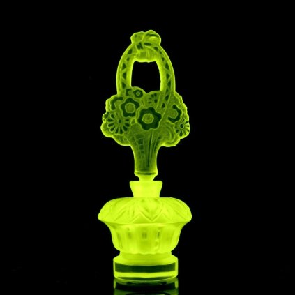Uranium glass Art Deco flower basket perfume bottle — Bohemian UV glow