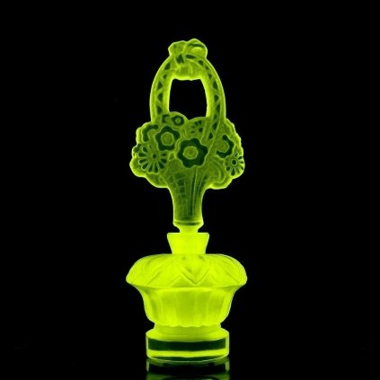 yellow uranium glass Art Deco flower basket relief perfume bottle Bohemian