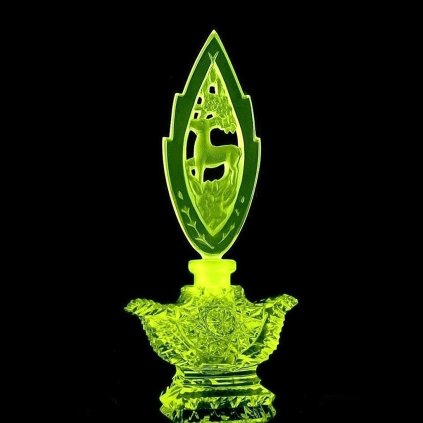 uranium glass art deco deer perfume bottle bohemian, UV glowing