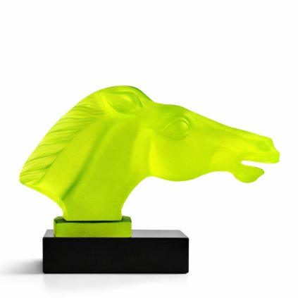 uranium glass hood ornament horse head Art Deco car mascot by H. Hoffmann with black glass base