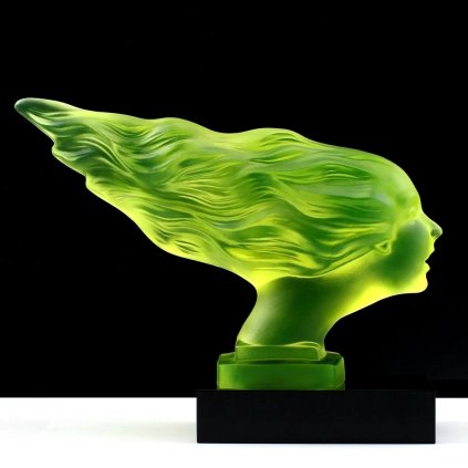 uranium glass hood ornament speed girl with black glass base Art Deco car mascot by H. Hoffmann