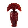 1930s H. Hoffmann Art Deco ruby glass “Graces” perfume bottle on white background, Lalique-style design, Bohemian Art Glass