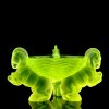 Uranium vaseline glass Art Deco figural bowl with three rearing horses, Lalique-style modeling, strong UV glow — artdeco1930.com