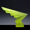 Art Deco lightning hood ornament made of uranium glass with strong green UV glow
