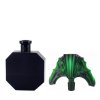 Lalique-style design, green malachite nude figurine stopper and black glass bottle displayed separately, H. Hoffmann 1930s