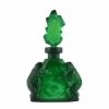 Bohemian malachite glass Art Deco perfume bottle 1930s H. Hoffmann with bear figures and sculpted stopper, Lalique-style – artdeco1930.com