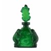 Art Deco Bohemian malachite glass perfume bottle with green bears design and geometric stopper, Lalique-style – artdeco1930.com