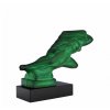 hood ornament girl in the wind malachite glass with black glass base side view Art Deco car mascot by H. Hoffmann