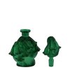 Bohemian malachite glass perfume bottle 1930s with sculpted bellflower stopper – Art Deco floral relief – artdeco1930.com