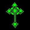 Uranium glass Art Deco geometric cluster cross pendant showing bright green UV glow