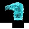 Blue uranium glass Art Deco eagle head hood ornament on black glass base, sculptural detail