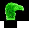 Art Deco eagle head hood ornament in blue uranium glass on black glass base showing strong green UV glow