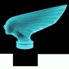 side view of blue uranium glass Art Deco Victoire hood ornament car mascot with black glass base