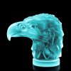 Art Deco Eagle Head hood ornament in blue uranium glass, side profile view