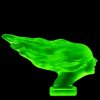 Uranium glass Speed Girl hood ornament showing strong UV glow under blacklight