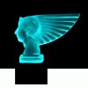 Art Deco Pharaoh head hood ornament in blue uranium glass mounted on black glass base
