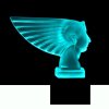 Uranium glass Art Deco Pharaoh head hood ornament in blue glass on black glass base by H. Hoffmann