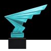 Art Deco Lightning hood ornament in blue uranium glass mounted on black glass base, stepped geometric form