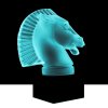 Art Deco Longchamp horse head hood ornament with black glass base, blue uranium glass