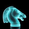 uranium glass Art Deco Longchamp hood ornament by H. Hoffmann, blue glass horse head car mascot