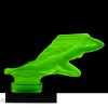 Blue uranium glass Art Deco Girl in the Wind hood ornament on black glass base showing green UV glow