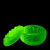 1930s Art Deco uranium glass flower jewelry box – Bohemian Vaseline glass trinket jar glowing under UV light