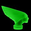 Rear view of Art Deco Victoire hood ornament in green uranium glass by H. Hoffmann with strong UV glow