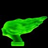 Rear view of Art Deco Speed Girl hood ornament in green uranium glass by H. Hoffmann with strong UV glow