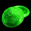 Glowing uranium glass jewelry box under UV light, 1930s Art Deco Bohemian collectible by H. Hoffmann