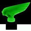 Side view of Art Deco Victoire hood ornament in green uranium glass on black glass base by H. Hoffmann with strong UV glow