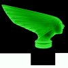 Art Deco Victoire hood ornament made of green uranium glass on black glass base by H. Hoffmann with strong UV glow