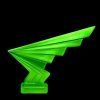 Side view of Art Deco Lightning hood ornament in green uranium glass by H. Hoffmann with strong UV glow