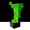 Detail of Art Deco Flying Lady hood ornament in green uranium glass with black glass base by H. Hoffmann