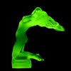 Detail of Art Deco nude female hood ornament in green uranium glass by H. Hoffmann with strong UV glow