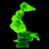 Side view of Art Deco Lovers hood ornament made of green uranium glass by H. Hoffmann with UV glow