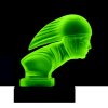Blue uranium glass Art Deco Racer hood ornament on black glass base showing strong UV glow