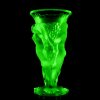 Green uranium glass Art Deco tall vase showing strong UV fluorescence