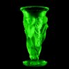 Uranium glass Art Deco tall grape harvest nymphs vase glowing under UV light