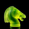 Front view of Art Deco uranium glass Longchamp horse head hood ornament