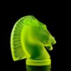 Side view of Art Deco Longchamp horse head hood ornament in uranium glass