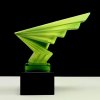 Detail of lightning-shaped Art Deco hood ornament in uranium glass