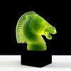uranium glass hood ornament Longchamp with black glass base Art Deco car mascot side view