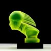 Art Deco speed racer head hood ornament in yellow uranium glass, collectible automotive decor