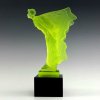 Collectible Art Deco Flying Lady hood ornament in uranium glass with black glass base