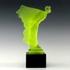 Art Deco Flying Lady hood ornament in uranium glass on black glass base