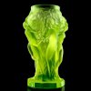 yellow uranium glass figural vase with grape harvest relief, art deco bohemia