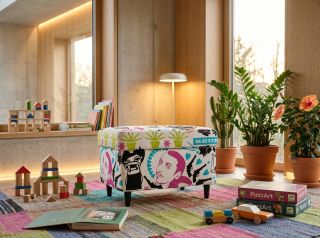 Playfulness, imagination, and style all in one package! 🧸🚀 The Strandmon footstool in the original TIME FLIES pattern...