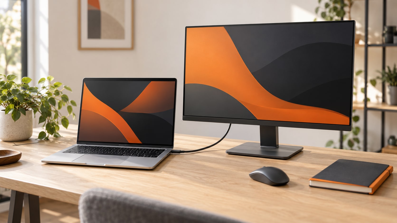 Notebook připojený k externímu monitoru na světlém pracovním stole